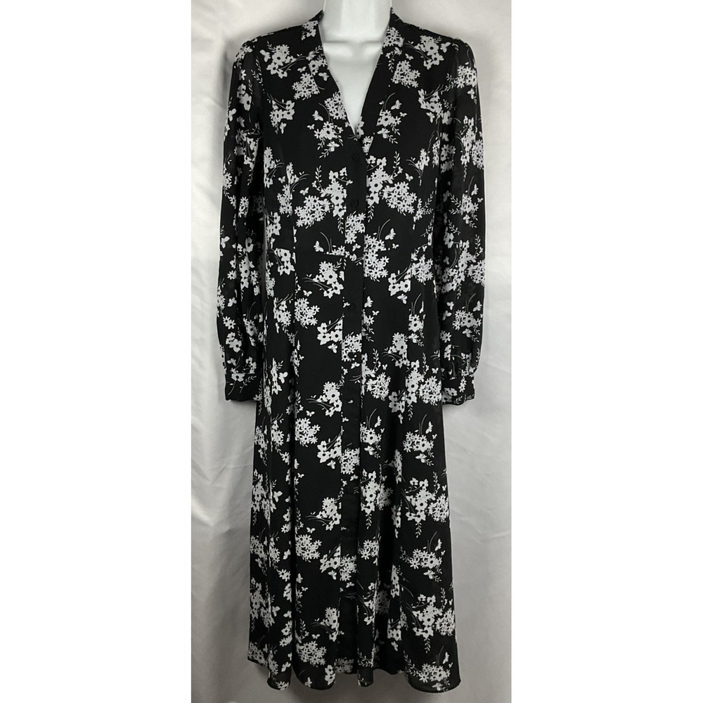 Michael Kors Women's Size XS Black & White Floral Button Up Midi‎ Dress Lined